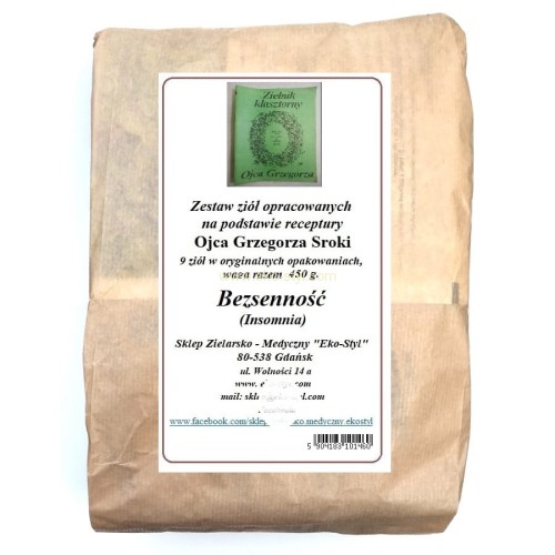 Zioła na bezsenność- zaburzeniama snu, jego rytmu, głębokości i czasu . Podczas bezsenności organizm nie odpoczywa. Zestaw ziół Przygotowany na podstawie receptury Ojca Grzegorza Sroki, przez Zielarnię -  Sklep Zielarsko-Medyczny Eko-Styl