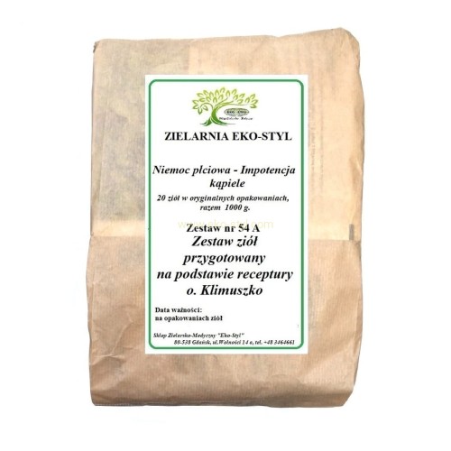 Zioła do kąpieli-na impotencję .dysfunkcję seksualną występującą u mężczyzn, objawiającą się brakiem erekcji lub wytrysku mimo podniecenia .Zestaw ziół przygotowany na podstawie receptury Ojca Klimuszko, przez Zielarnię - Sklep Zielarsko-Medyczny Eko-Styl