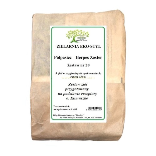 Zioła na półpasiec. Choroba zakaźna, wywoływana przez wirusa Herpes zoster, który odpowiedzialny jest również za ospę wietrzną. Zestaw ziół przygotowany na podstawie receptury Ojca Klimuszko, przez Zielarnię -  Sklep Zielarsko-Medyczny Eko-Styl