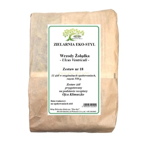 Zioła na wrzody żołądka. Choroba ma podłoże nerwicowe,sprzyja jej też długotrwała niezdrowa dieta. Leczenie długie, przeważnie skuteczne. Zestaw ziół przygotowany na podstawie receptury Ojca Klimuszko, przez Zielarnię -Sklep Zielarsko-Medyczny Eko-Styl
