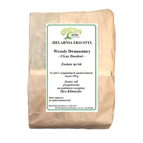 Zioła na wrzody dwunastnicy . Powstają na podłożu nerwicowym oraz na skutek przyjmowania  ostrych  pokarmów,  także palenia papierosów. Zestaw ziół przygotowany na podstawie receptury Ojca Klimuszko, przez Zielarnię - Sklep Zielarsko-Medyczny Eko-Styl