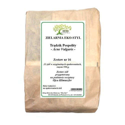 Zioła na trądzik pospolity.  Kuracja wykazuje  działanie przeciwzapalne, odtruwające, tonizujące, zmniejsza wydzielanie łoju. Zestaw ziół przygotowany na podstawie receptury Ojca Klimuszko, przez Zielarnię -  Sklep Zielarsko-Medyczny Eko-Styl