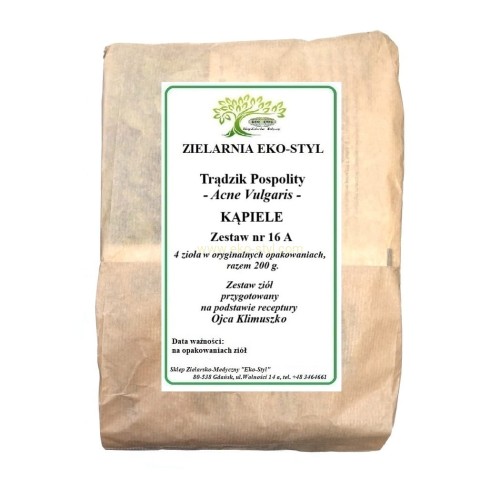 Zioła na trądzik pospolity - kąpiele.  Kuracja wykazuje  działanie przeciwzapalne, odtruwające, tonizujące, zmniejsza wydzielanie łoju. Zestaw ziół przygotowany na podstawie receptury Ojca Klimuszko, przez Zielarnię -  Sklep Zielarsko-Medyczny Eko-Styl