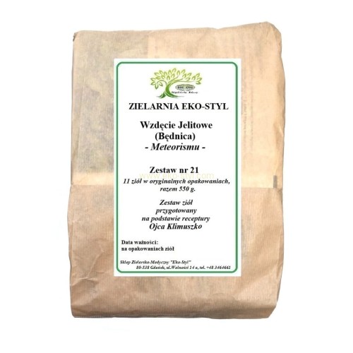 Zioła na wzdęcie jelitowe, gazy i bóle brzucha.  Zioła w/g recept. Ojca Klimuszko, przygotowane przez Zielarnię -Sklep Zielarsko-Medyczny Eko-Styl