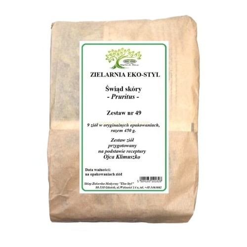 Zioła na świąd skóry. W leczeniu przyczynowym i objawowym znaczną i skuteczną rolę odgrywają mieszanki ziołowe. Zestaw ziół przygotowany na podstawie receptury Ojca Klimuszko, przez Zielarnię -  Sklep Zielarsko-Medyczny Eko-Styl