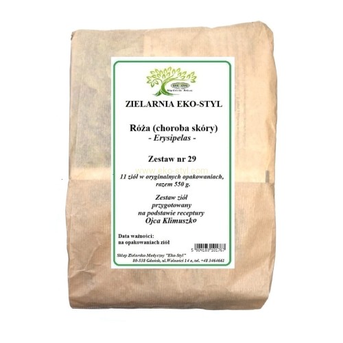 Zioła na Różę chorobę skóry. Zmiany skórne zwykle obejmują najpierw kończyny dolne oraz twarz. Zestaw ziół przygotowany na podstawie receptury Ojca Klimuszko, przez Zielarnię -  Sklep Zielarsko-Medyczny Eko-Styl